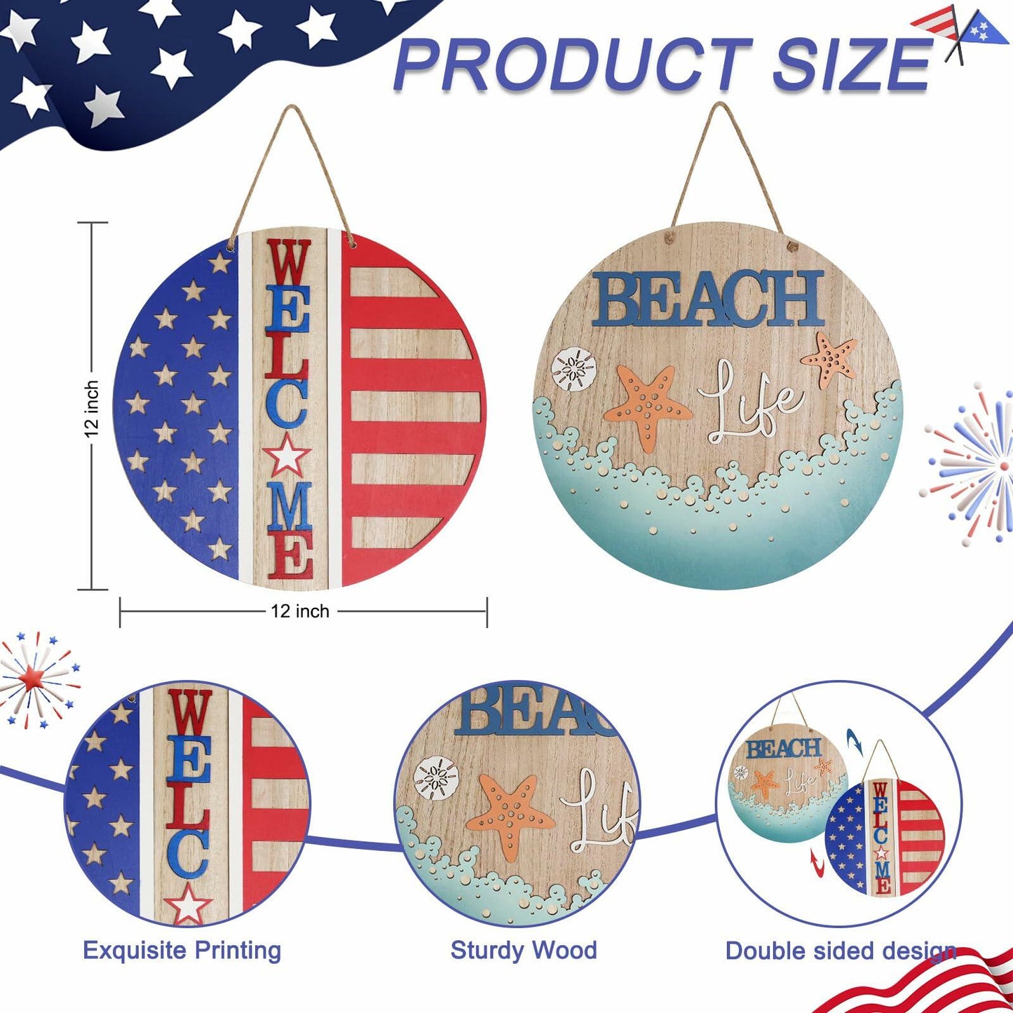 DECSPAS 12in Double Sided Welcome Door Sign Patriotic Wreath Red White Blue