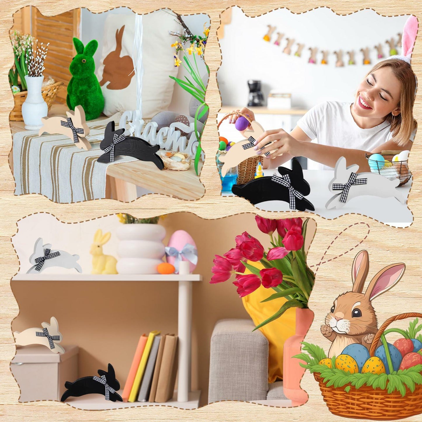 Yousoontic 3 Pcs Easter Bunny Wooden Decorations Rustic Table Decor