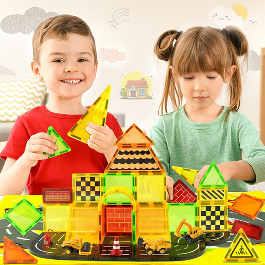 Magnetic Tiles Kids Construction Toys with Trucks Road Signs Mat Storage Bag