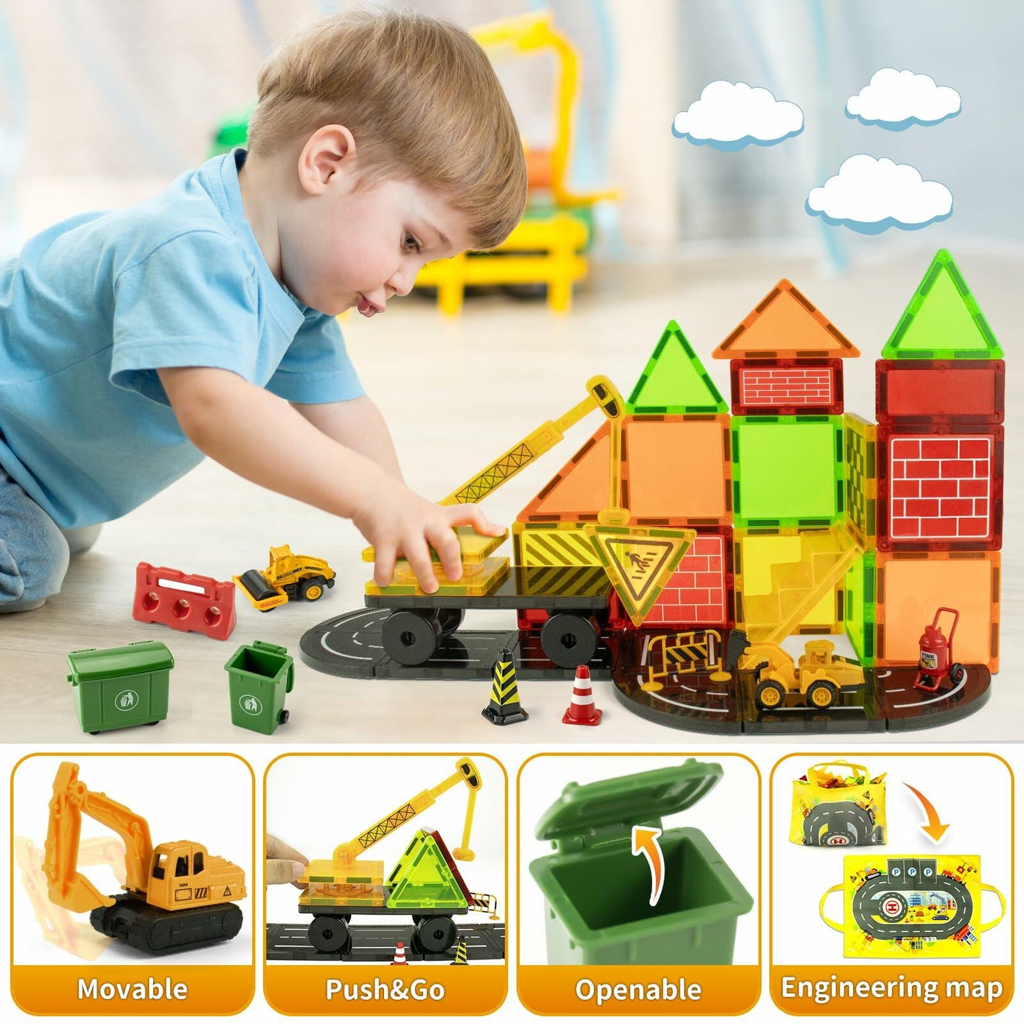 Magnetic Tiles Kids Construction Toys with Trucks Road Signs Mat Storage Bag