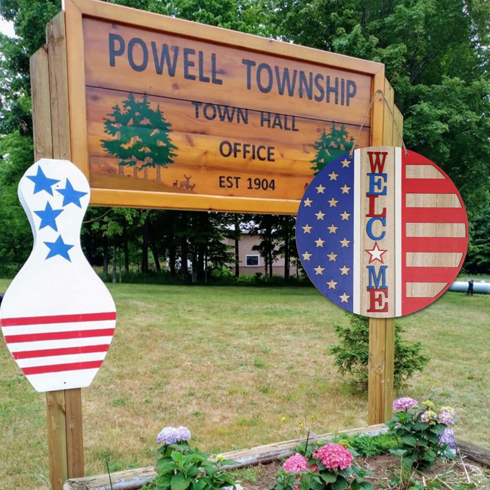 DECSPAS 12in Double Sided Welcome Door Sign Patriotic Wreath Red White Blue