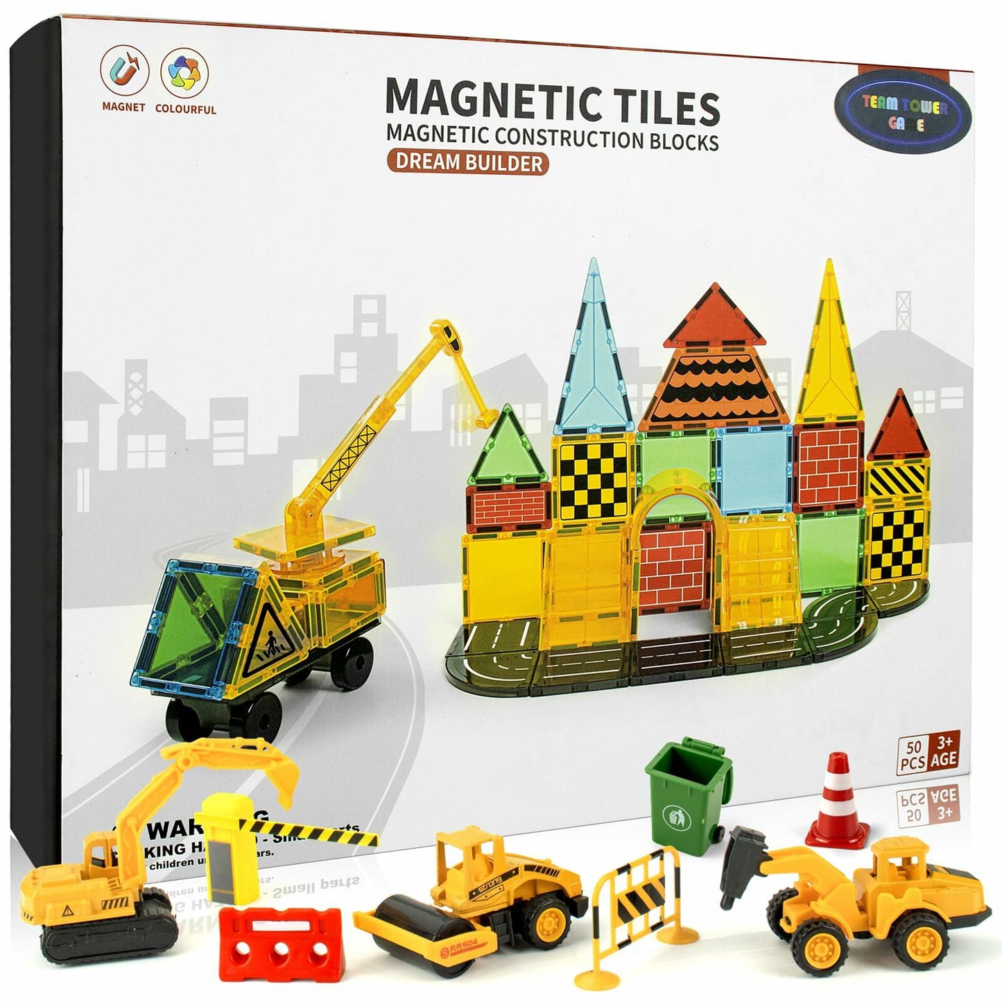 Magnetic Tiles Kids Construction Toys with Trucks Road Signs Mat Storage Bag