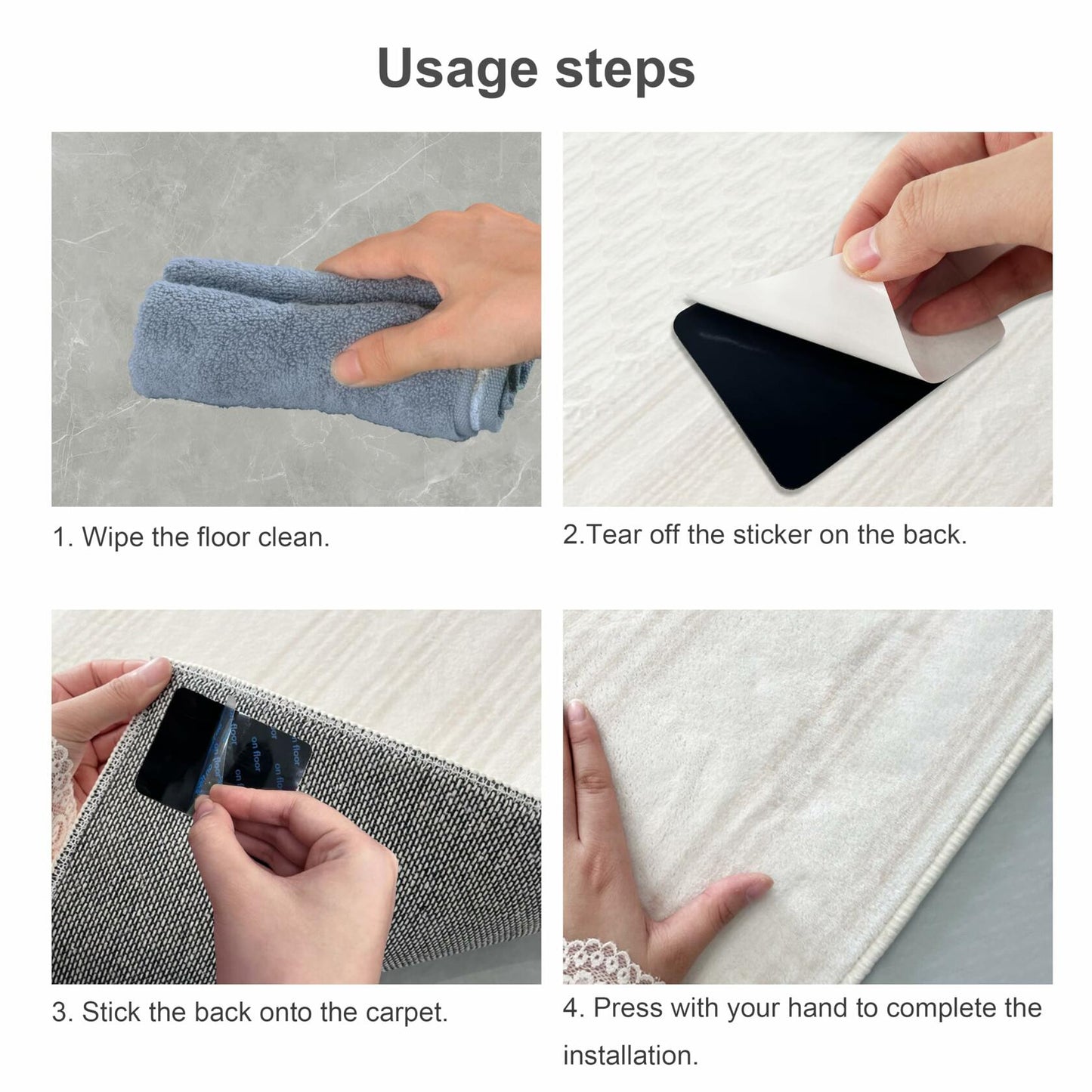 Rug Pad Grippers Double Sided Washable Rug Tape Adhesive Corners Black 4pc