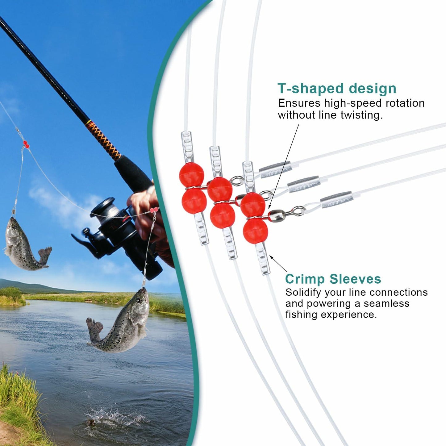 AIRKOUL 24PCS Nylon Fishing Leader Rigs with Swivels Snaps Beads