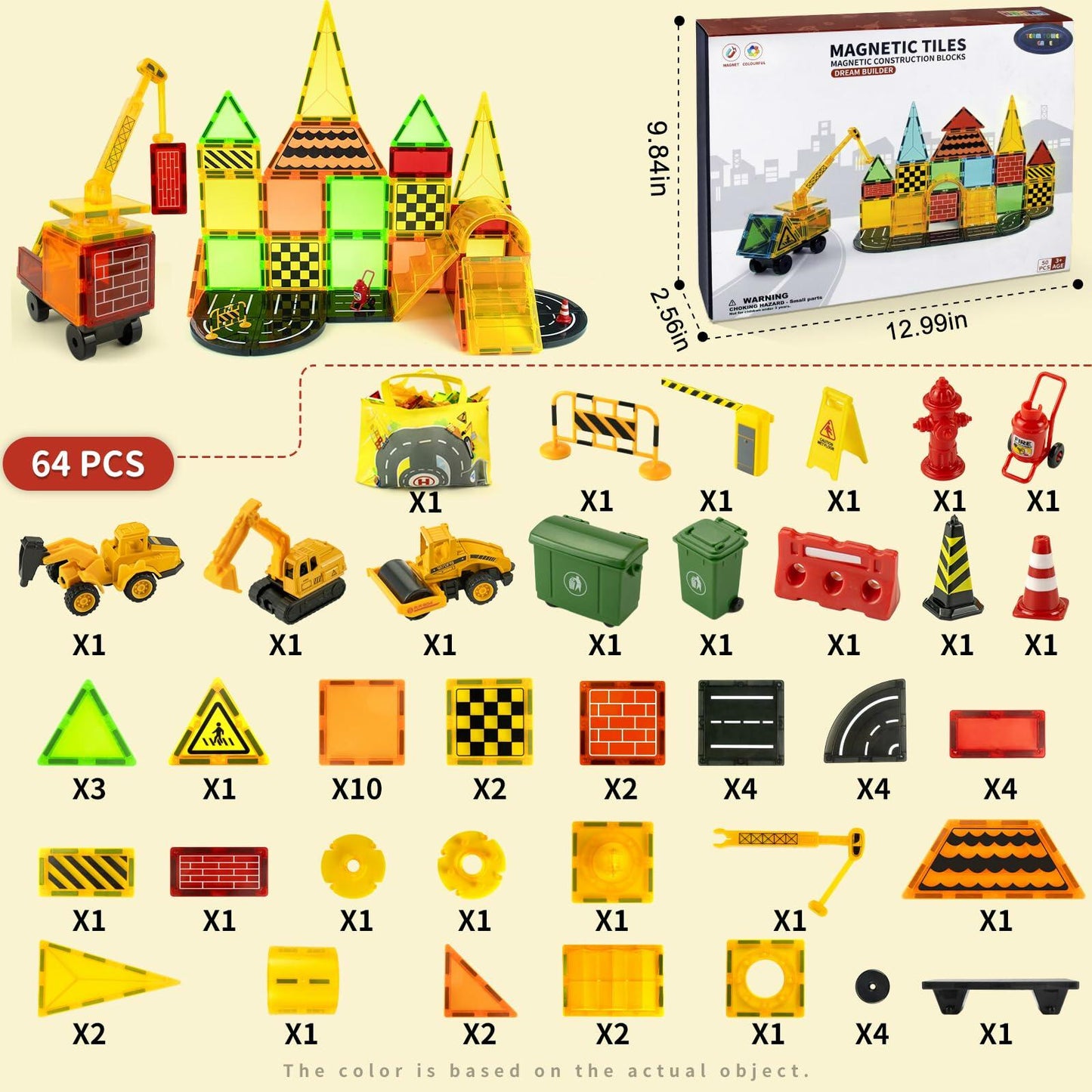 Magnetic Tiles Kids Construction Toys with Trucks Road Signs Mat Storage Bag