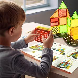 Magnetic Tiles Kids Construction Toys with Trucks Road Signs Mat Storage Bag