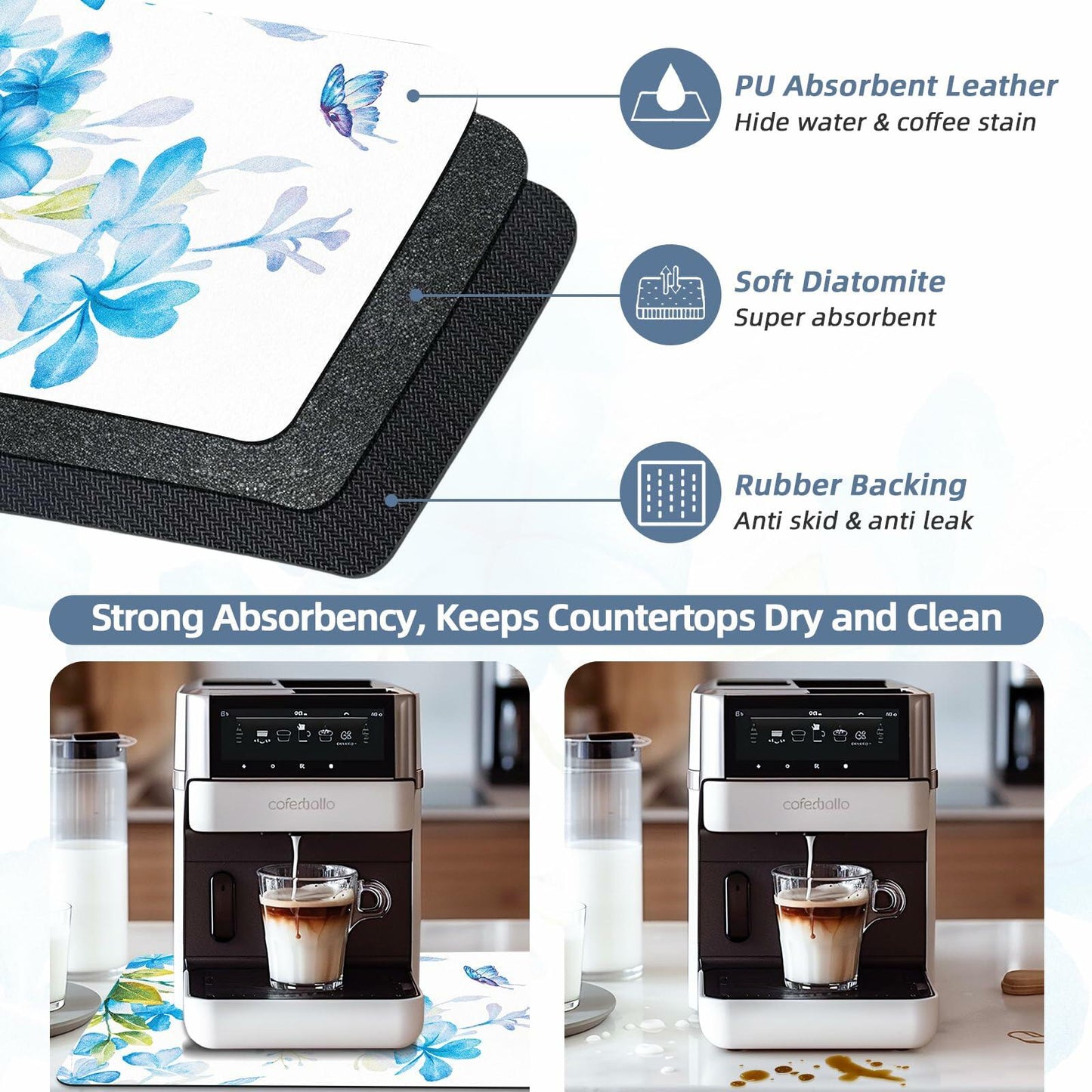 Edeesky Dish Drying Mat 12x20 Leather Diatomite Absorbent Coffee Pad Sink Mat
