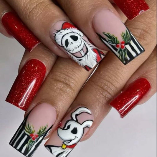 24Pcs Christmas Press On Nails Medium Square Acrylic False Nails Xmas Design