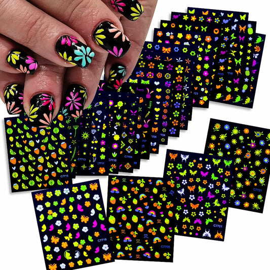 Fluorescent Nail Art Stickers 24 Sheets 3D Butterflies Stars Flowers DIY