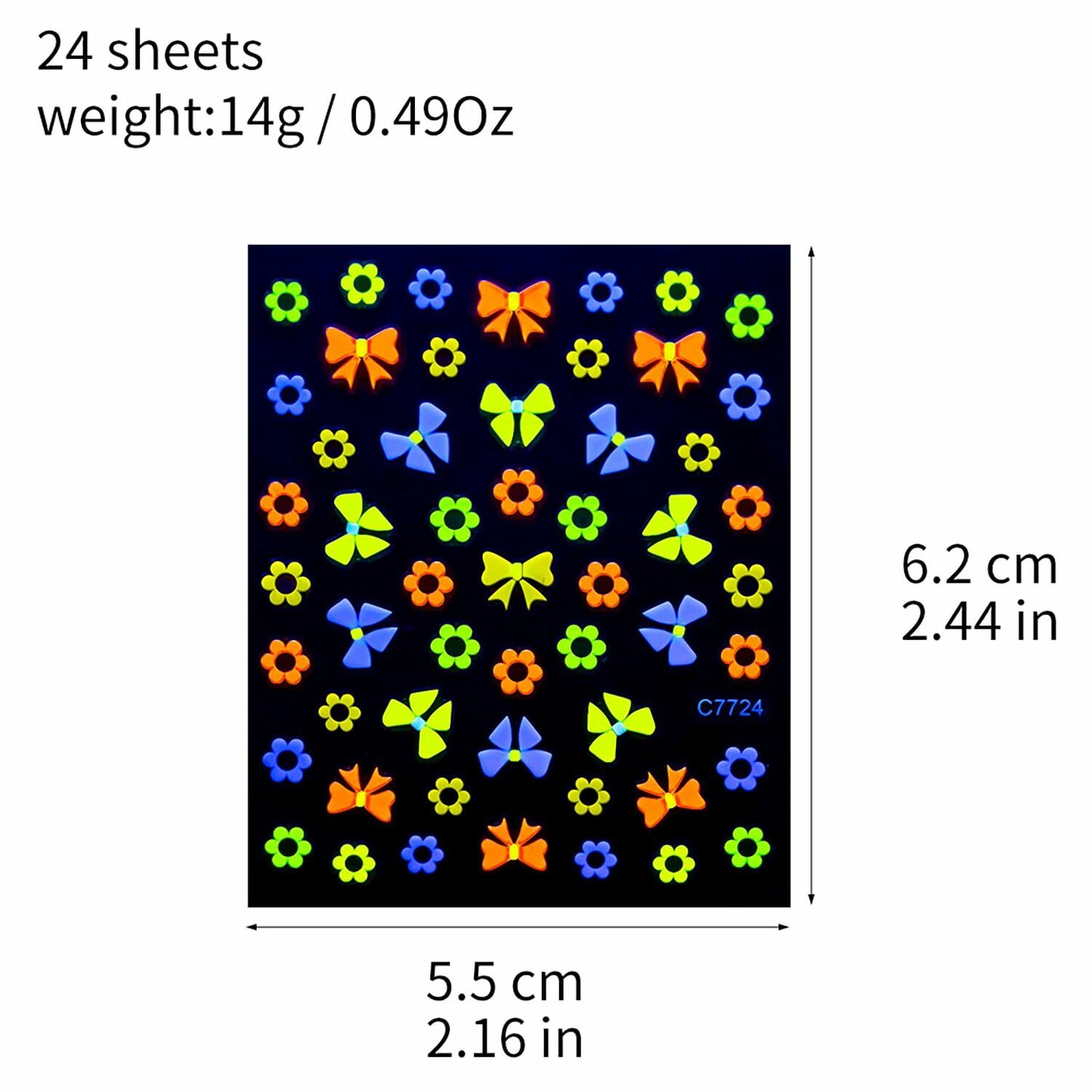 Fluorescent Nail Art Stickers 24 Sheets 3D Butterflies Stars Flowers DIY