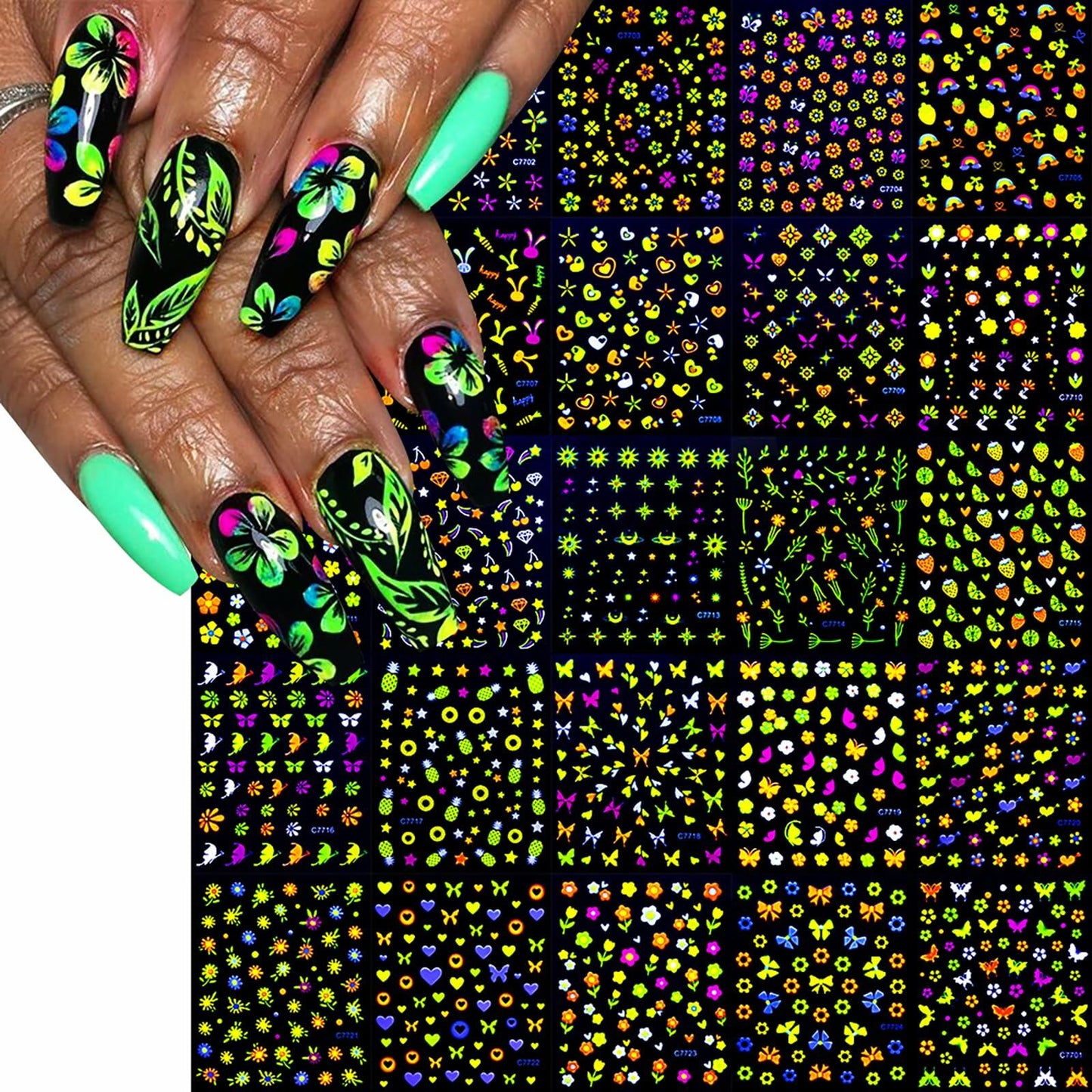 Fluorescent Nail Art Stickers 24 Sheets 3D Butterflies Stars Flowers DIY