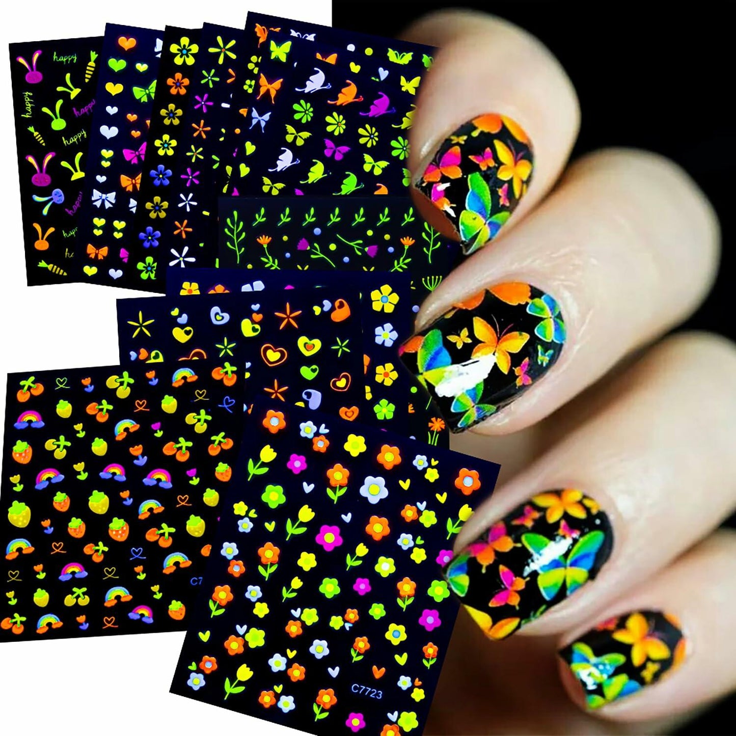 Fluorescent Nail Art Stickers 24 Sheets 3D Butterflies Stars Flowers DIY