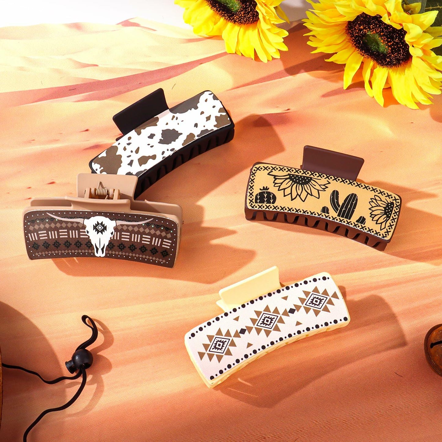 YARIEW Large 4" Leather Western Hair Claw Clips Sunflower Floral Brown