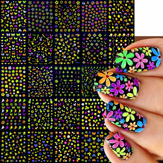 Fluorescent Nail Art Stickers 24 Sheets 3D Butterflies Stars Flowers DIY