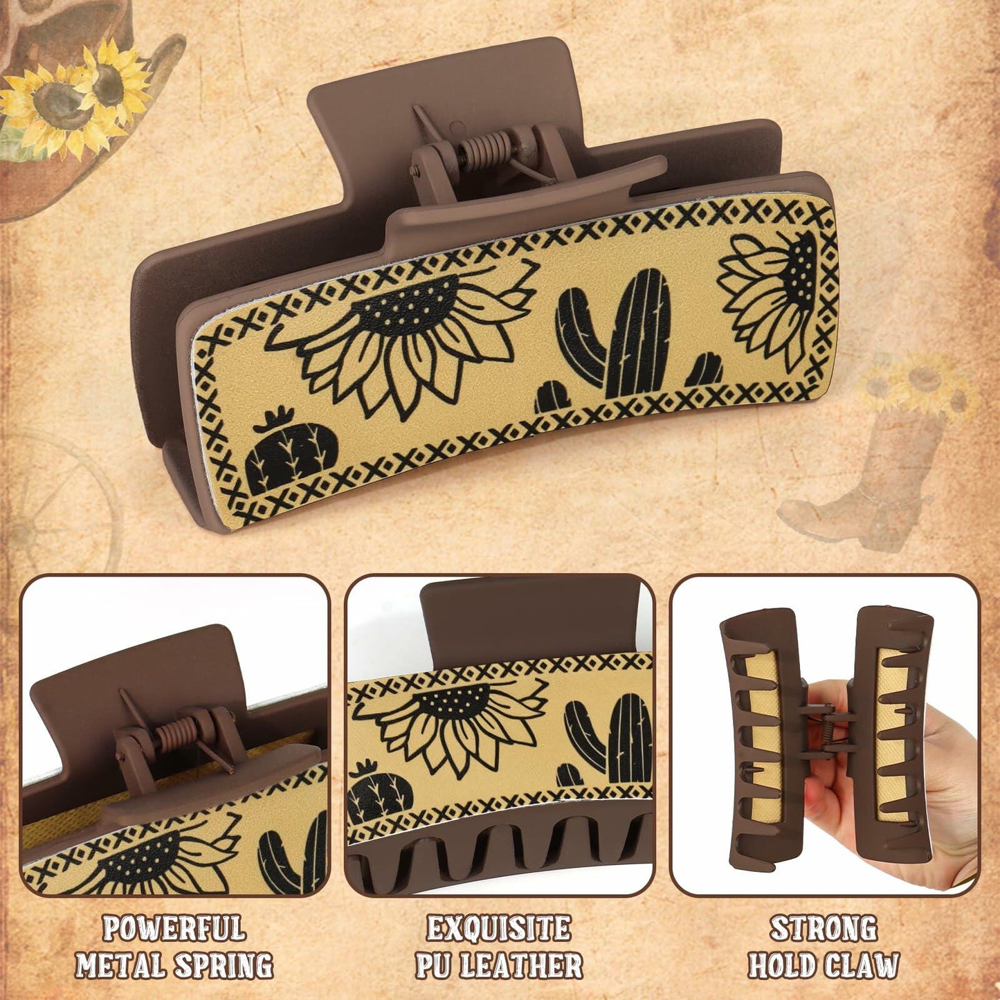 YARIEW Large 4" Leather Western Hair Claw Clips Sunflower Floral Brown