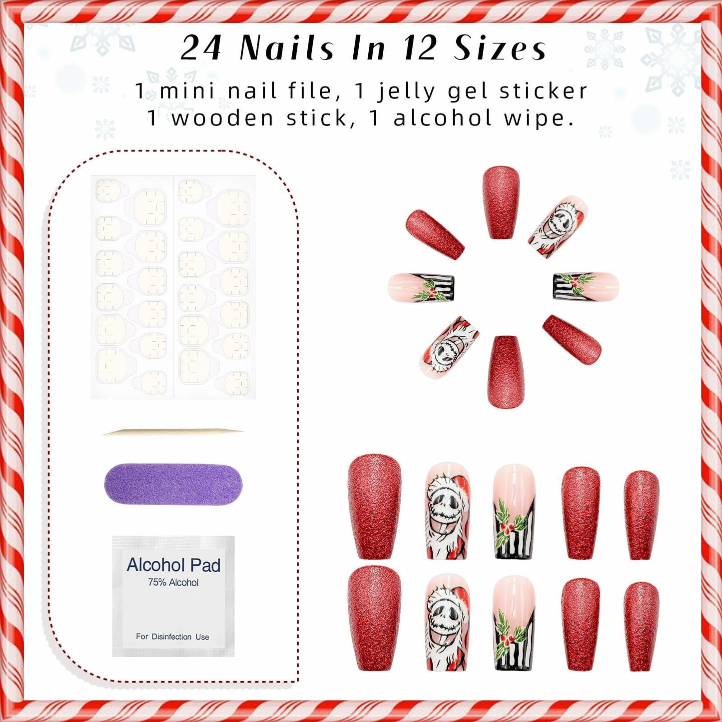 24Pcs Christmas Press On Nails Medium Square Acrylic False Nails Xmas Design