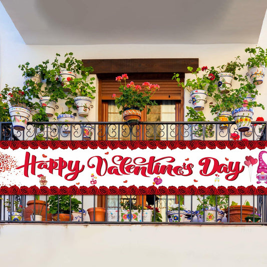 RGISHOP Valentine's Day Banner 9.8x1.6ft Rose Hearts Gnomes Decoration