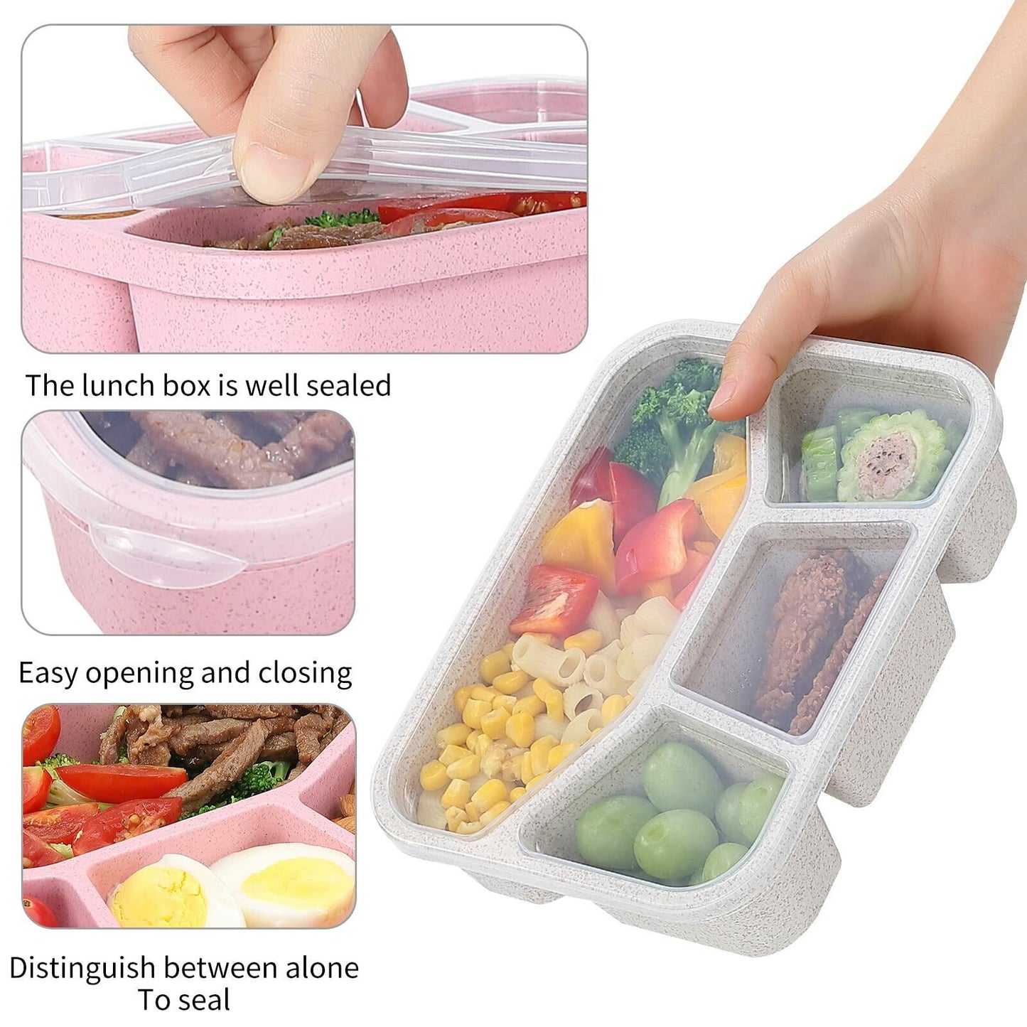 Buluker 4-Pack Bento Lunch Box Set 4-Compartment Microwave Safe