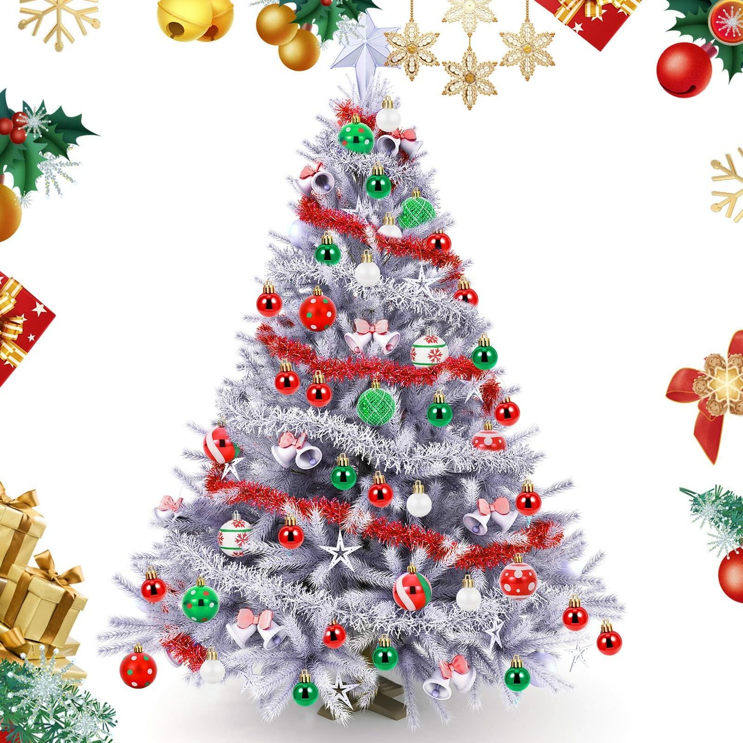 42 Pc Christmas Tree Balls Ornaments Glitter 2.36" & 1.18" Red Green White