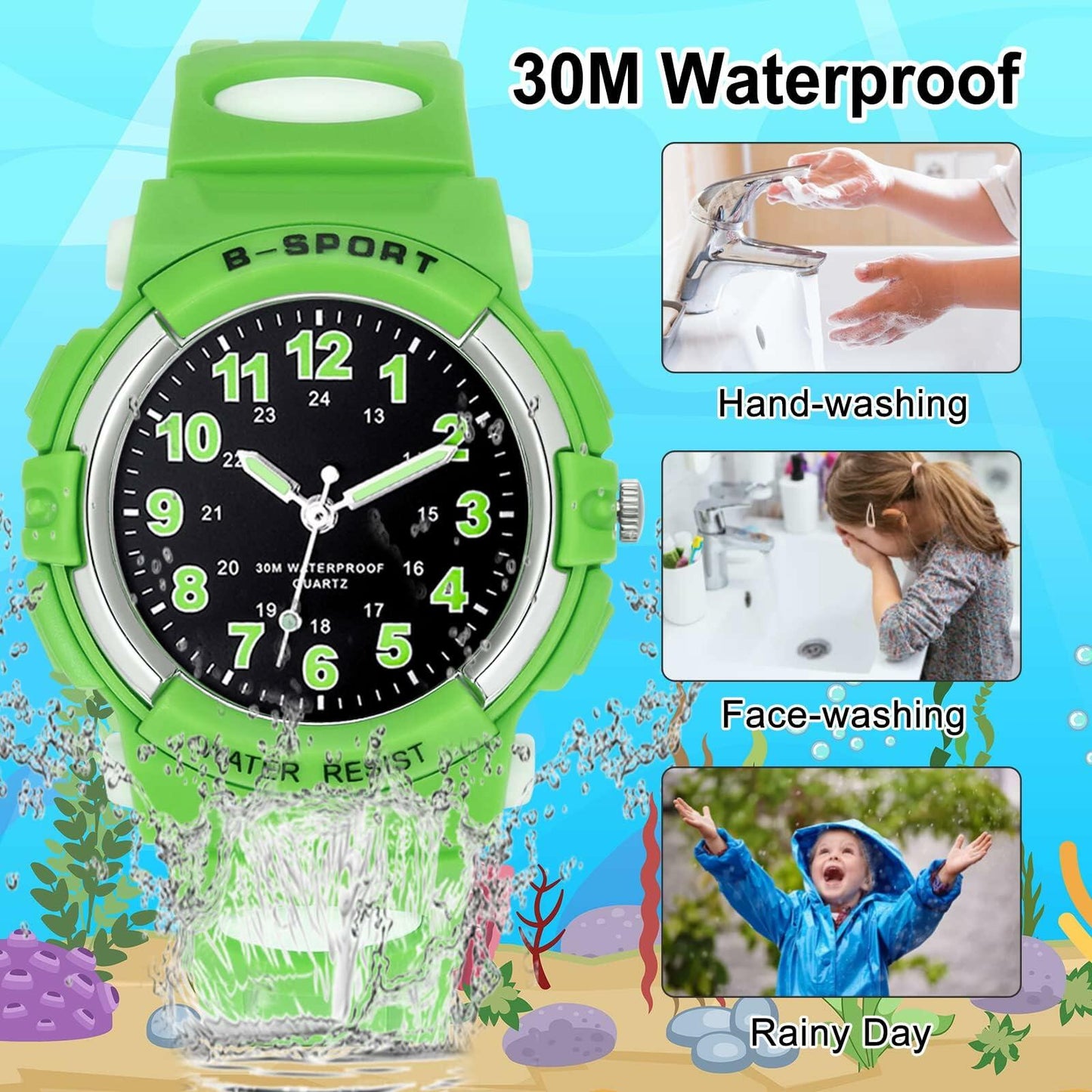 7 Colorful Light Kids Waterproof Analog Watch Soft Rubber Band Green Size 5-18