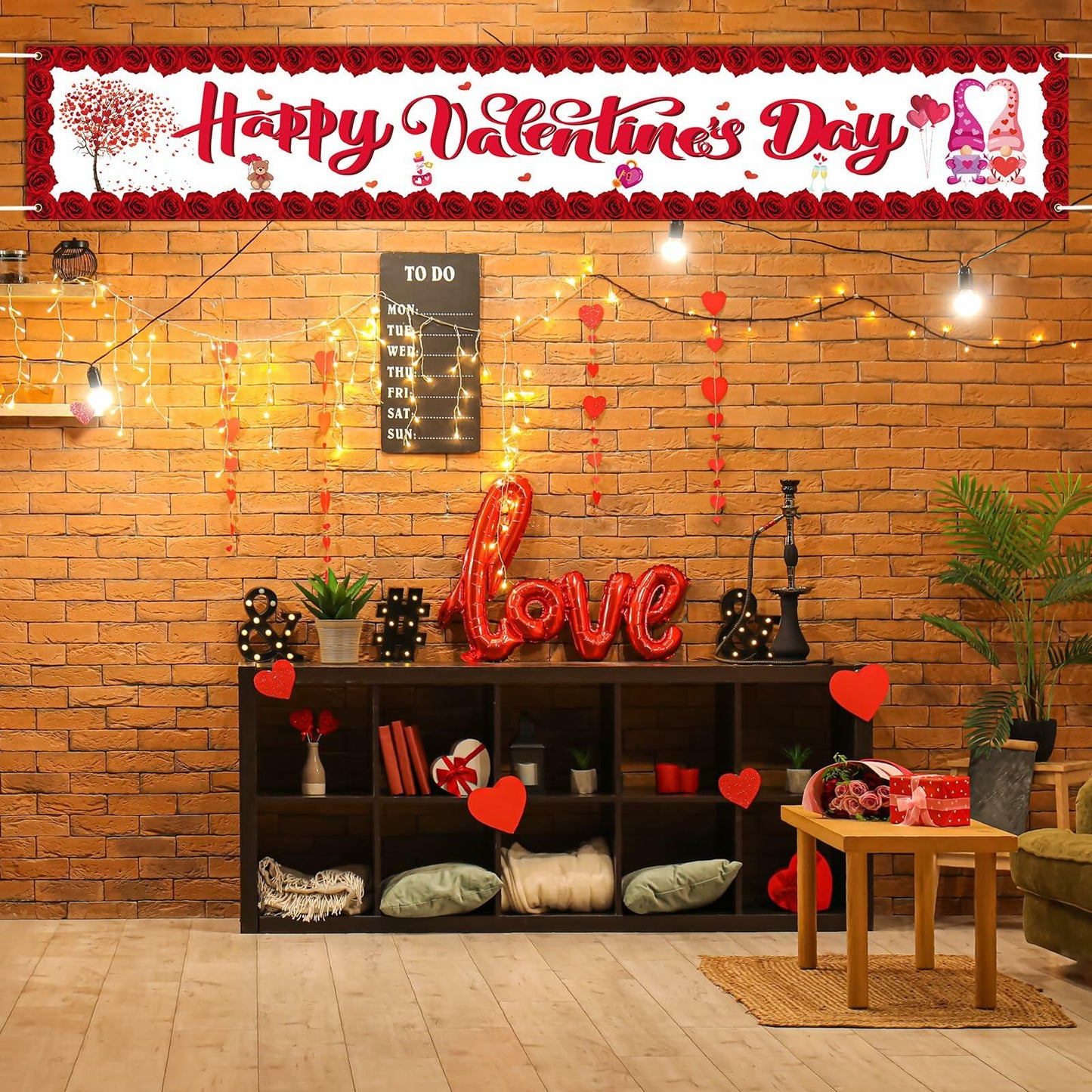 RGISHOP Valentine's Day Banner 9.8x1.6ft Rose Hearts Gnomes Decoration