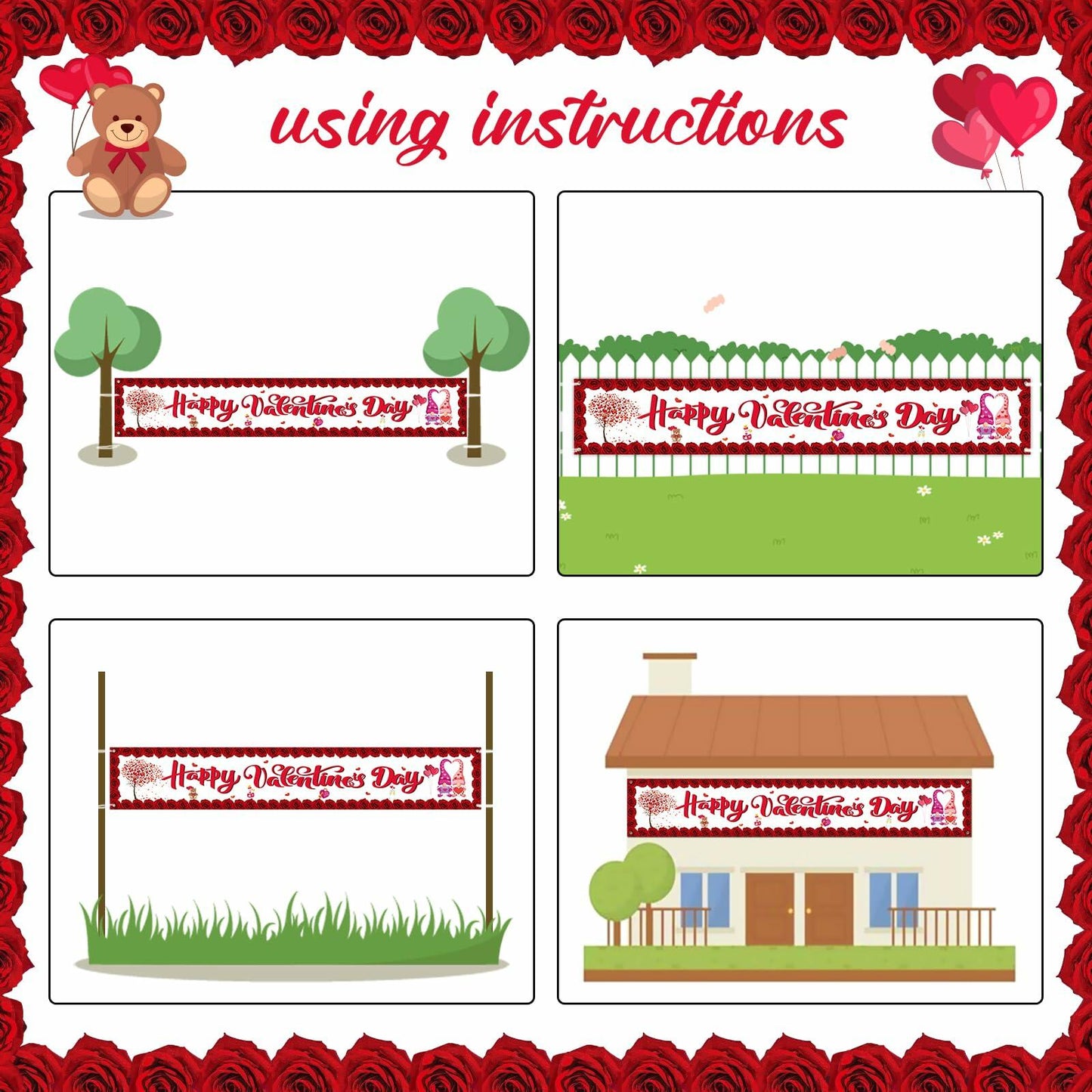 RGISHOP Valentine's Day Banner 9.8x1.6ft Rose Hearts Gnomes Decoration