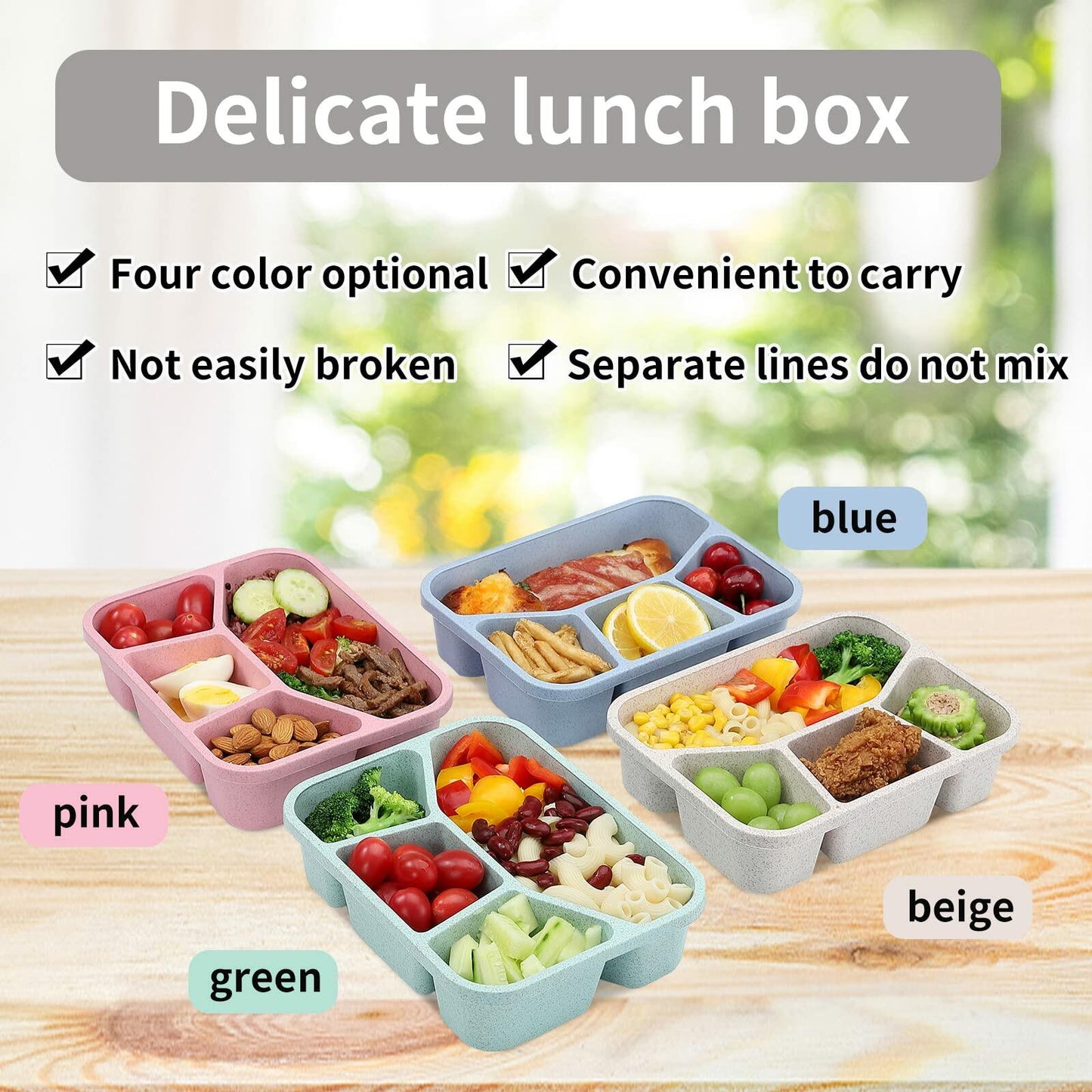 Buluker 4-Pack Bento Lunch Box Set 4-Compartment Microwave Safe