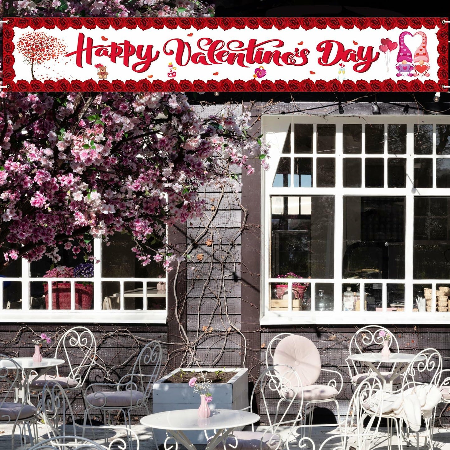 RGISHOP Valentine's Day Banner 9.8x1.6ft Rose Hearts Gnomes Decoration