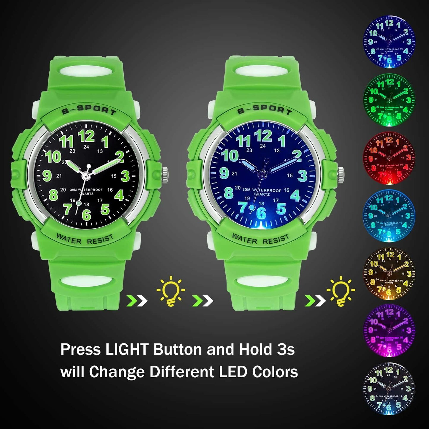 7 Colorful Light Kids Waterproof Analog Watch Soft Rubber Band Green Size 5-18