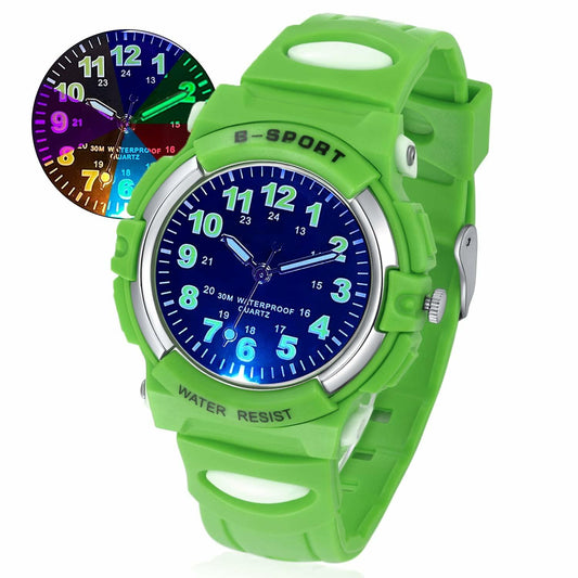 7 Colorful Light Kids Waterproof Analog Watch Soft Rubber Band Green Size 5-18