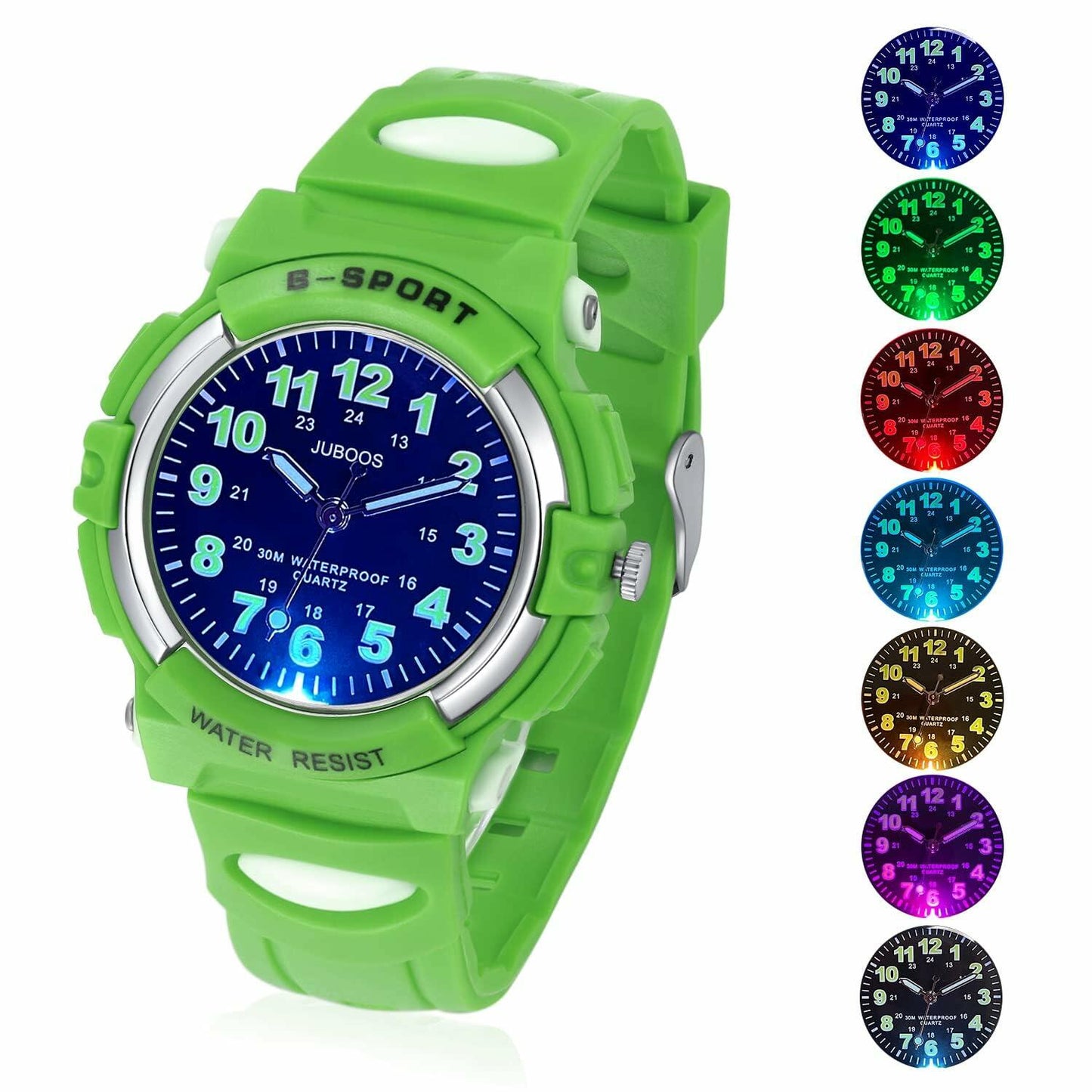 7 Colorful Light Kids Waterproof Analog Watch Soft Rubber Band Green Size 5-18