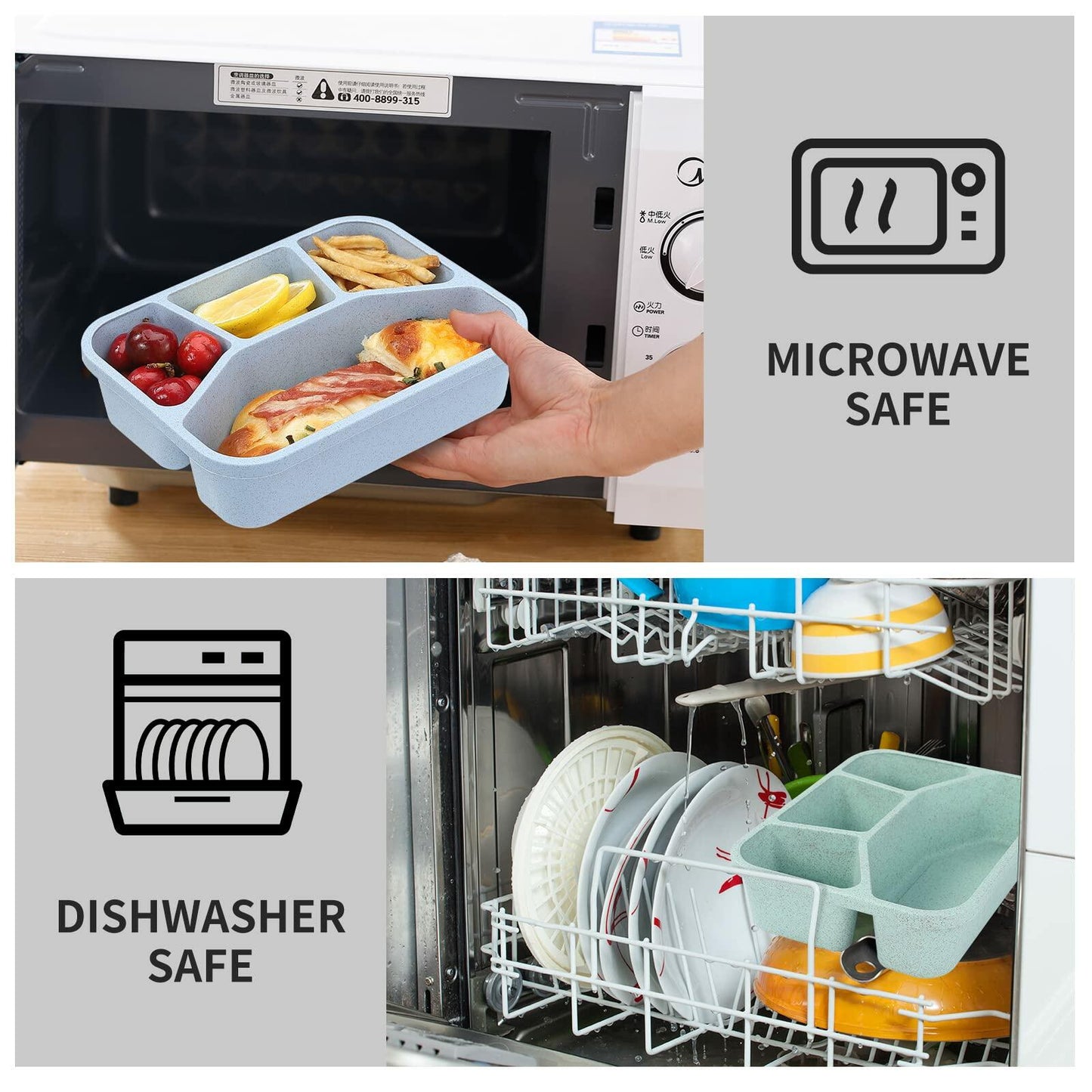 Buluker 4-Pack Bento Lunch Box Set 4-Compartment Microwave Safe