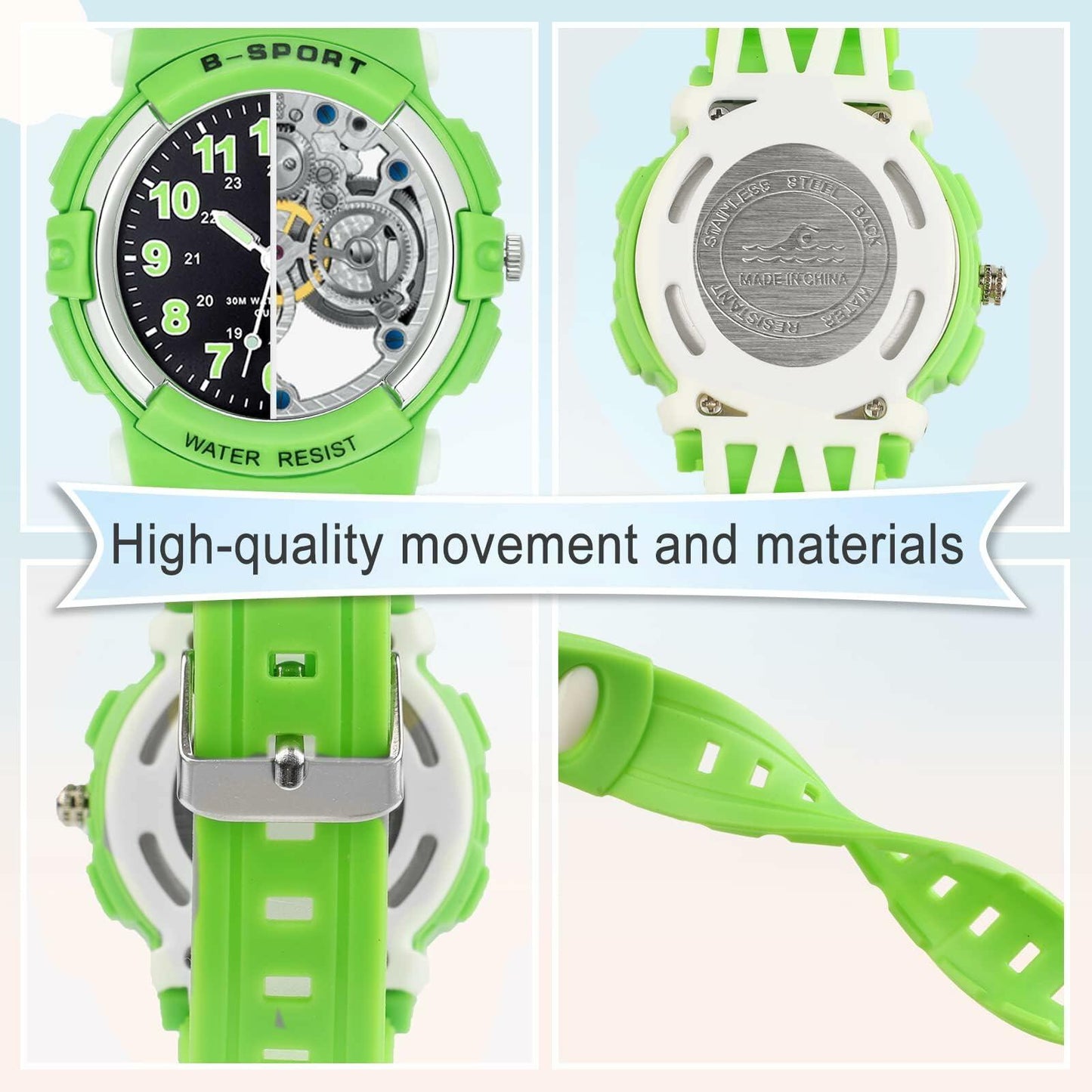 7 Colorful Light Kids Waterproof Analog Watch Soft Rubber Band Green Size 5-18