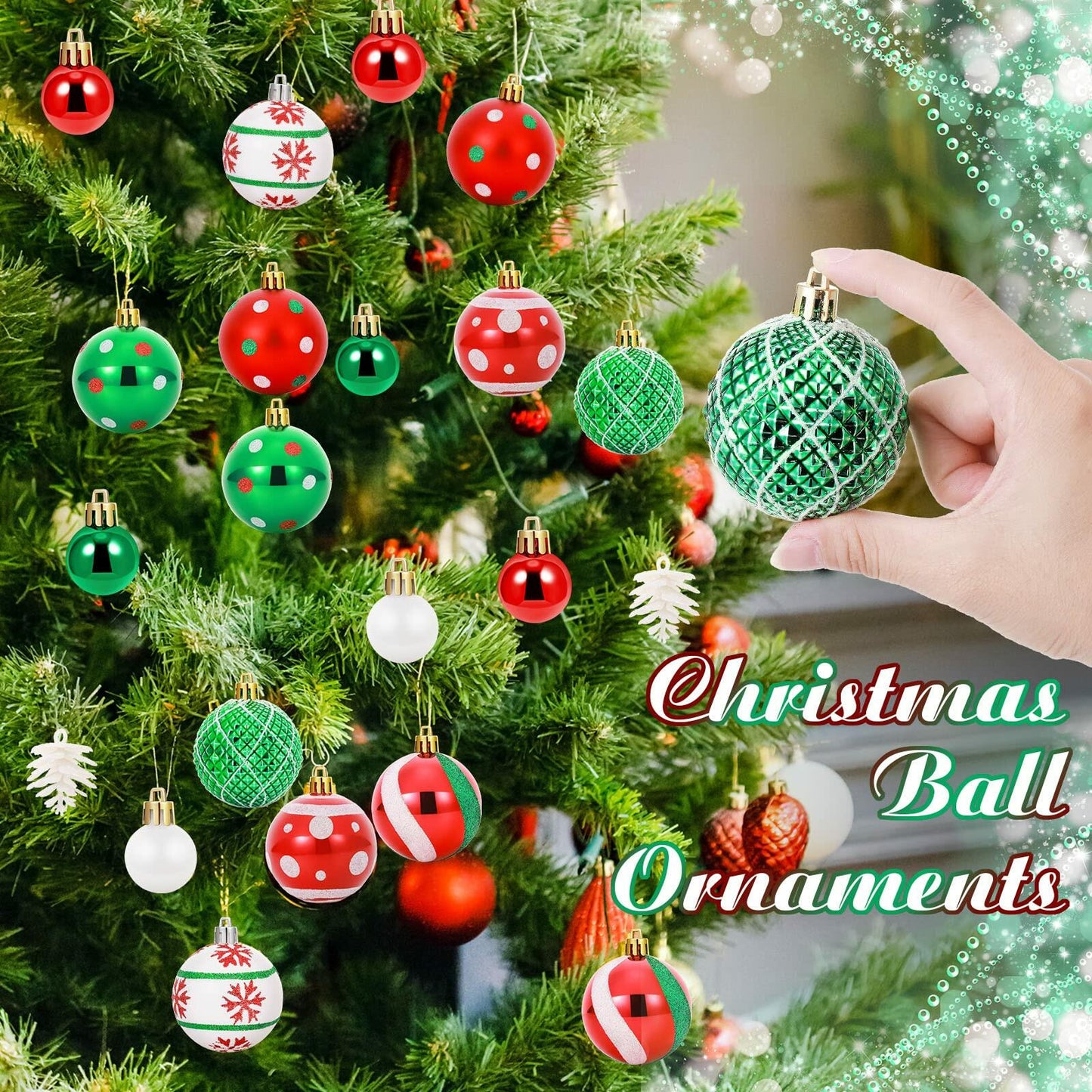 42 Pc Christmas Tree Balls Ornaments Glitter 2.36" & 1.18" Red Green White