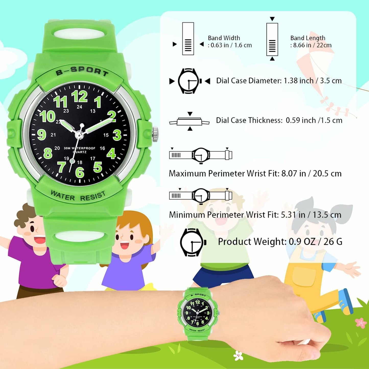 7 Colorful Light Kids Waterproof Analog Watch Soft Rubber Band Green Size 5-18