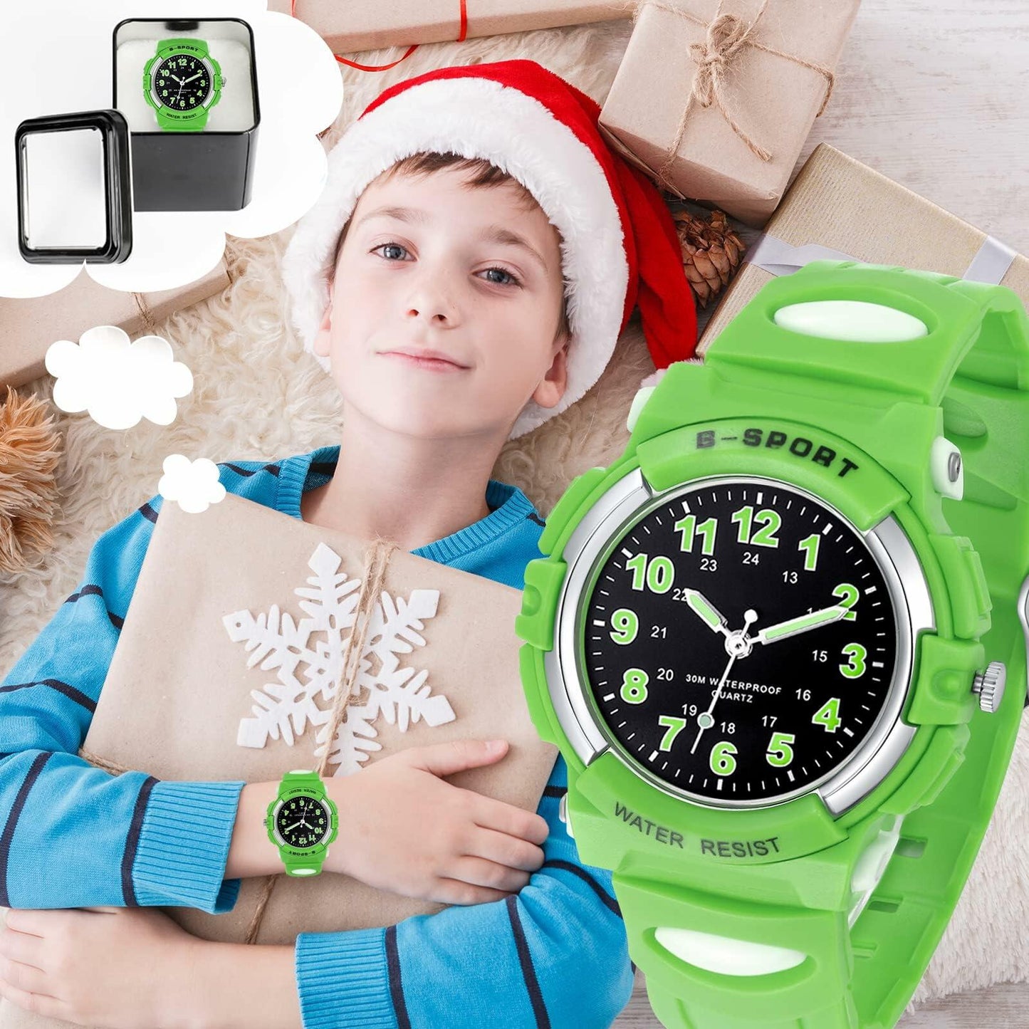 7 Colorful Light Kids Waterproof Analog Watch Soft Rubber Band Green Size 5-18