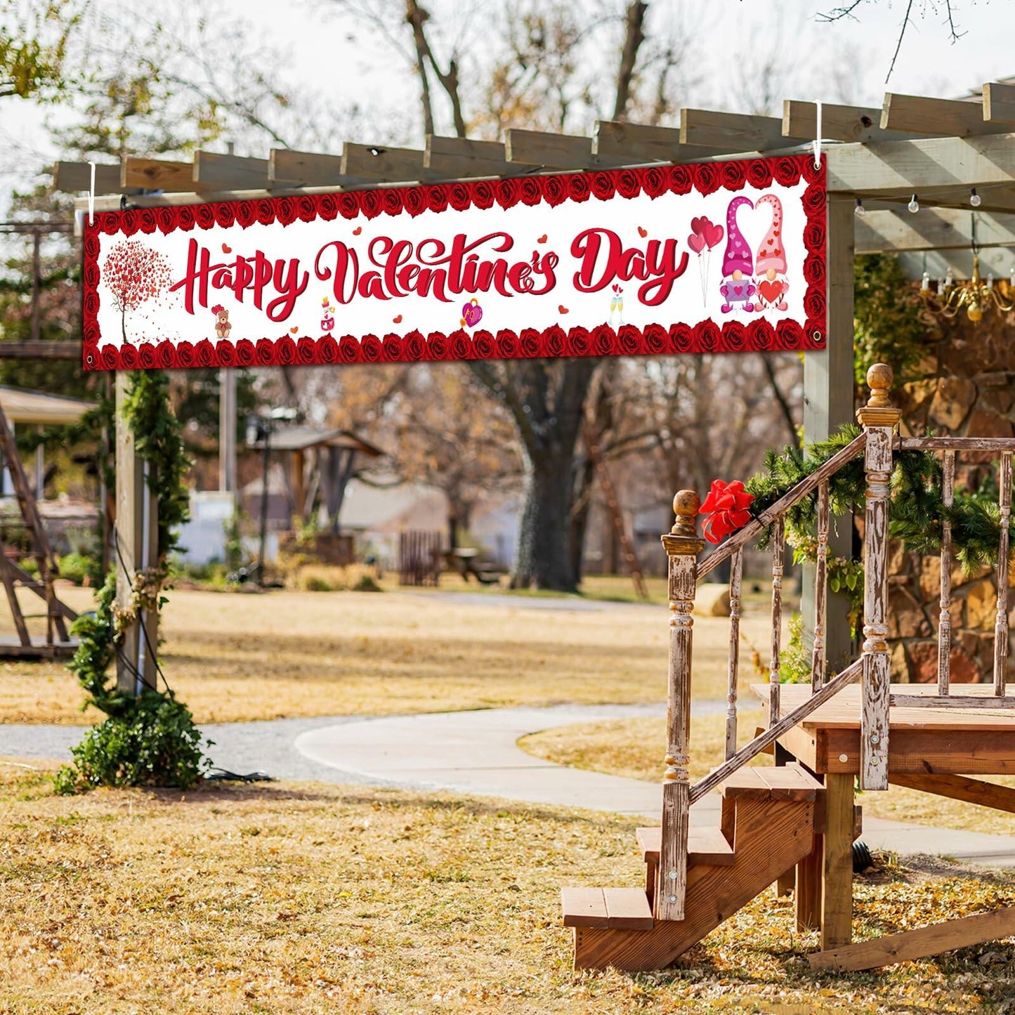 RGISHOP Valentine's Day Banner 9.8x1.6ft Rose Hearts Gnomes Decoration