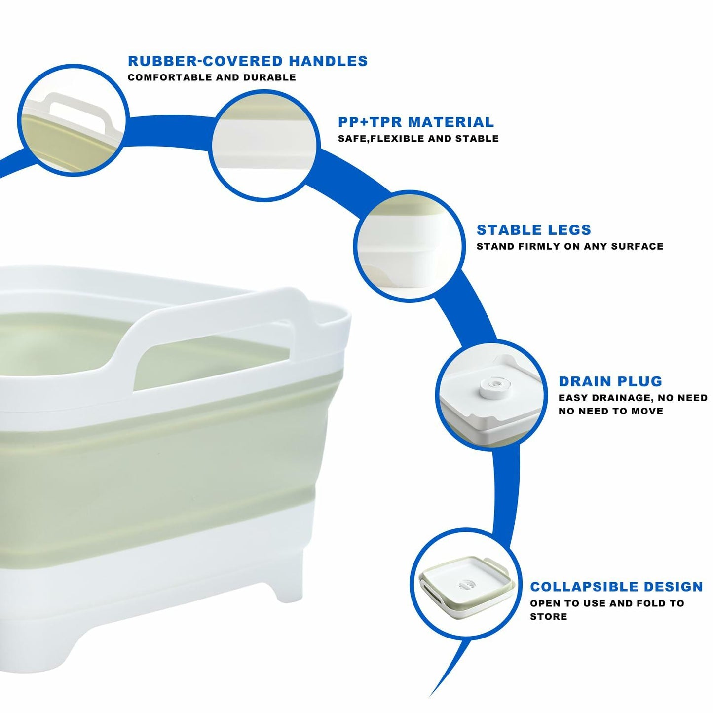 Foldable Wash Basin 2.4 Gal 9L with Drain Plug Green Space-Saving Kitchen Sink
