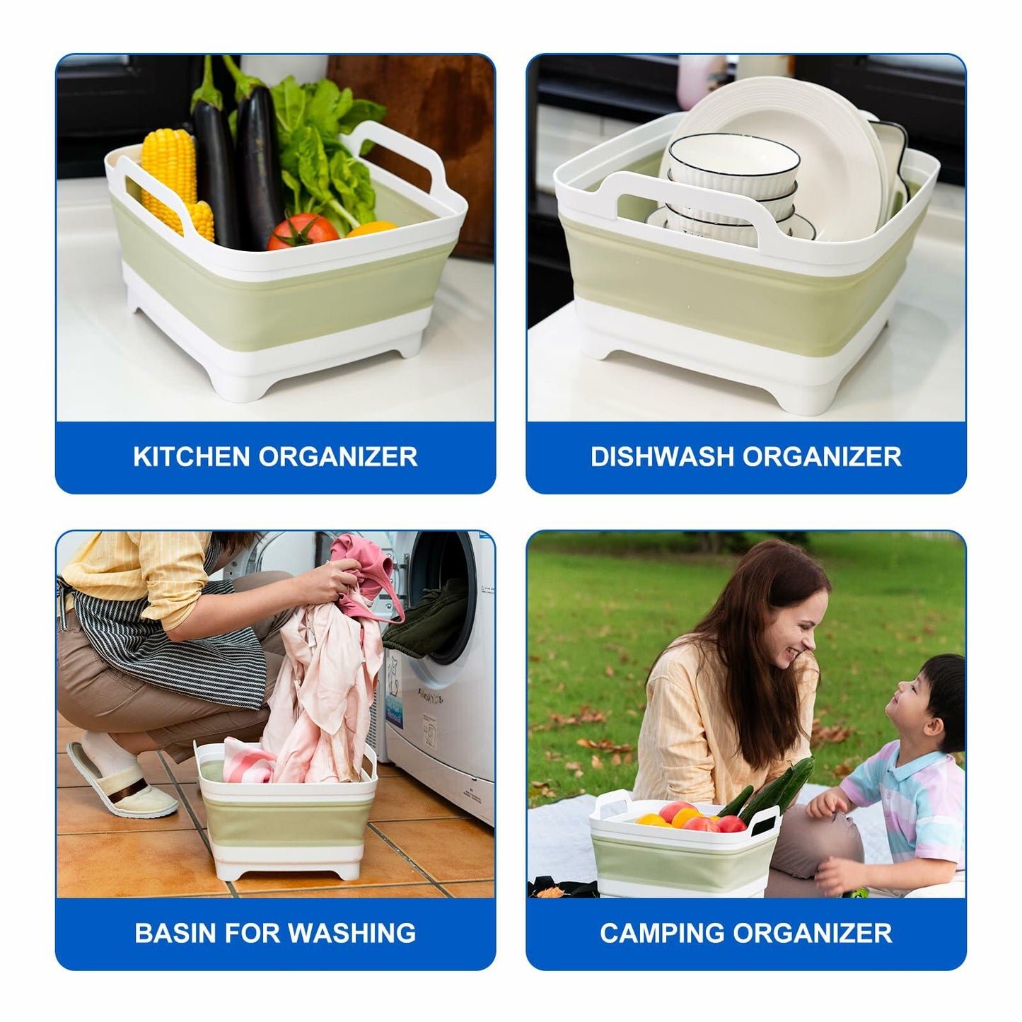 Foldable Wash Basin 2.4 Gal 9L with Drain Plug Green Space-Saving Kitchen Sink