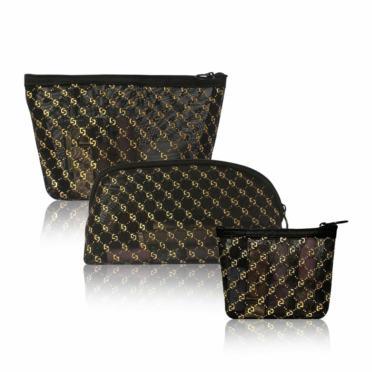 TRAKWAN 3-Piece Hot Stamping Mesh Makeup Bag Set Black