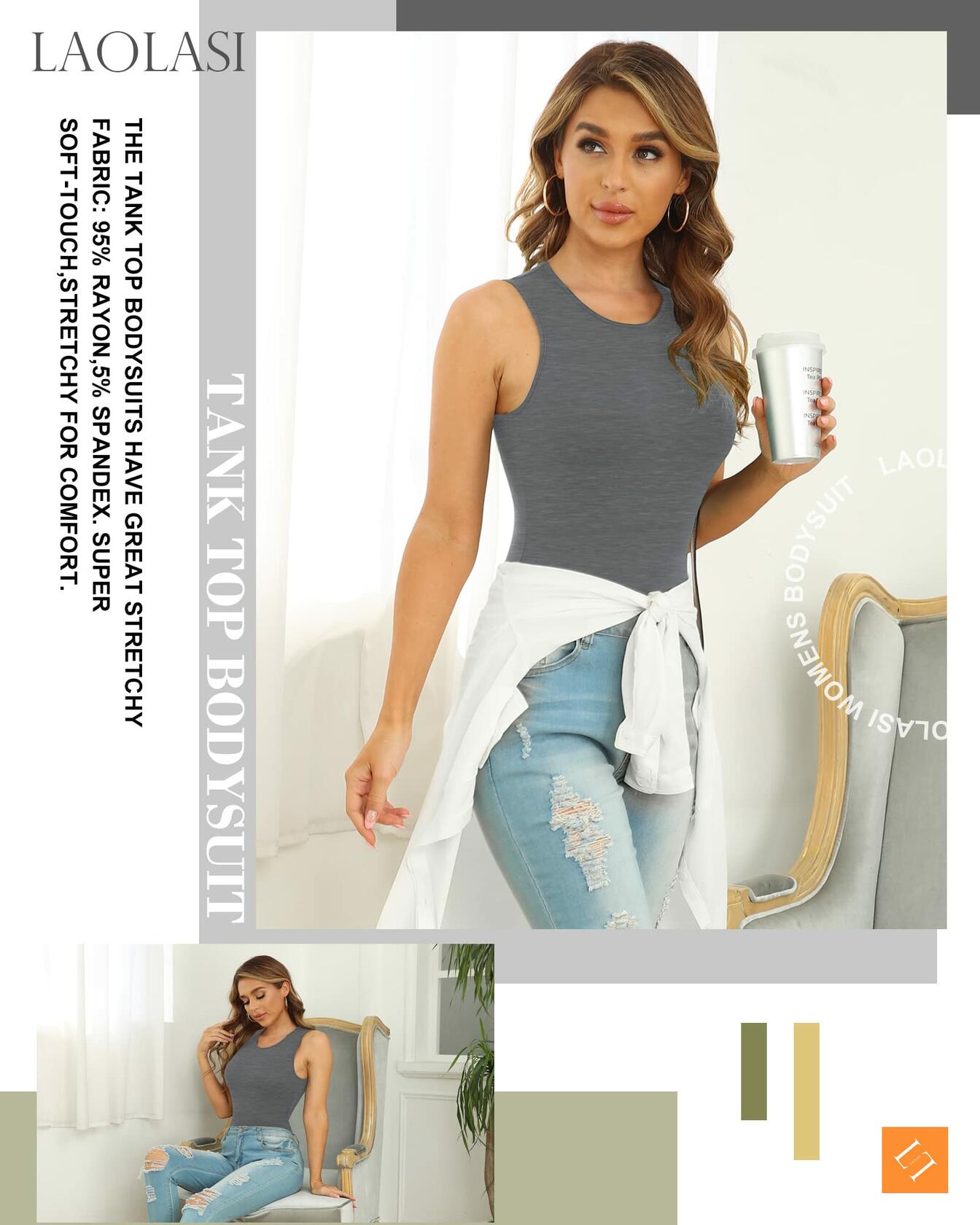 LAOLASI Crew Neck Sleeveless Slim Fit Bodysuit Tank Top Gray Size L