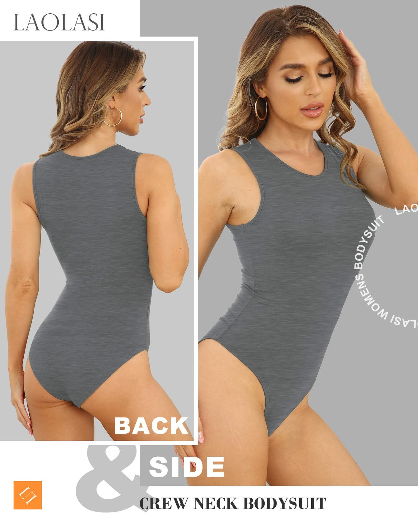 LAOLASI Crew Neck Sleeveless Slim Fit Bodysuit Tank Top Gray Size L