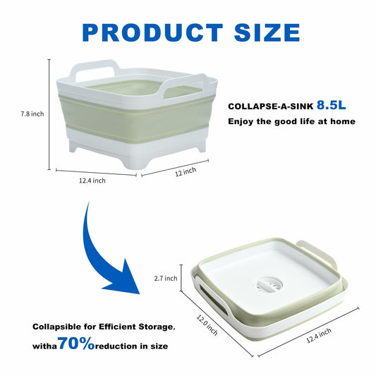 Foldable Wash Basin 2.4 Gal 9L with Drain Plug Green Space-Saving Kitchen Sink