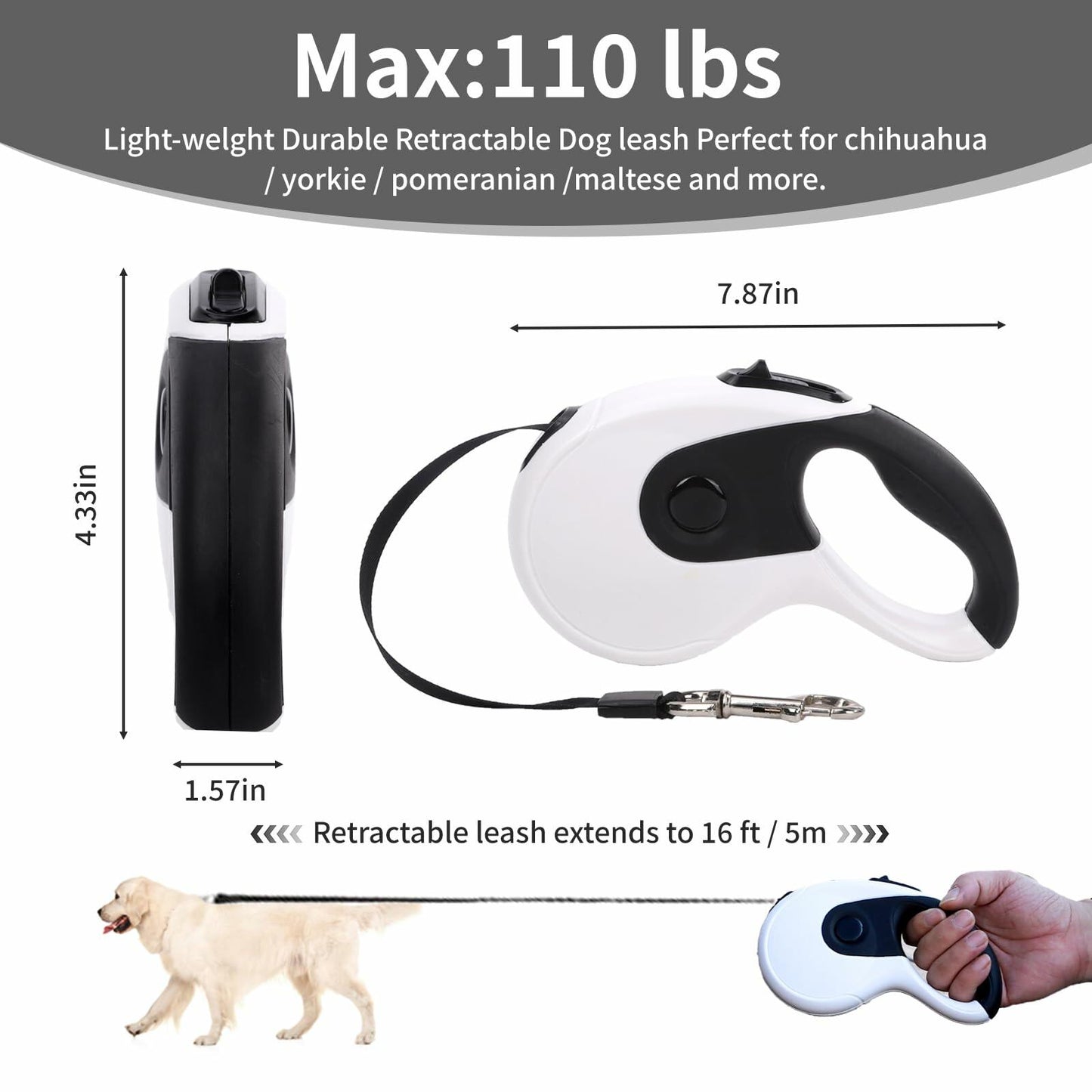 Retractable Dog Leash Heavy Duty 16ft Reflective Nylon Tape Orange 88lbs