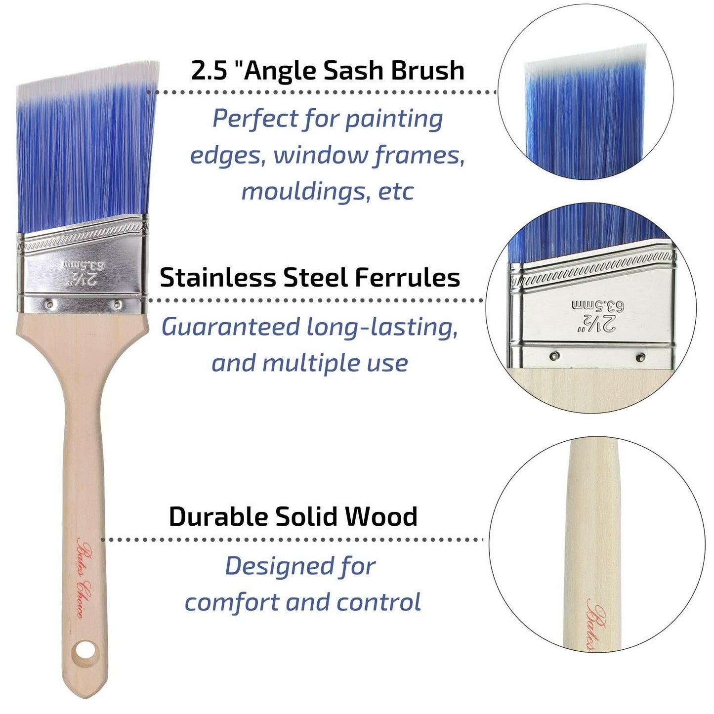 Bates Wood Handle Paint Brushes Set 3" & 2.5" 2 Pack Professional Trim