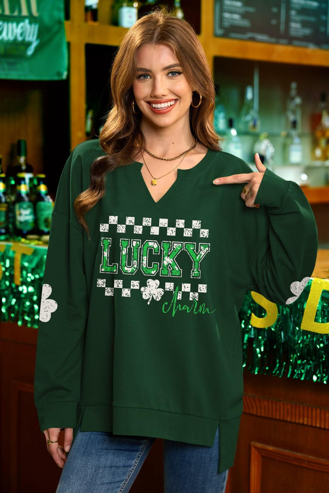 For G and PL Women St Patricks Split Neckline Sweatshirt Green Size L