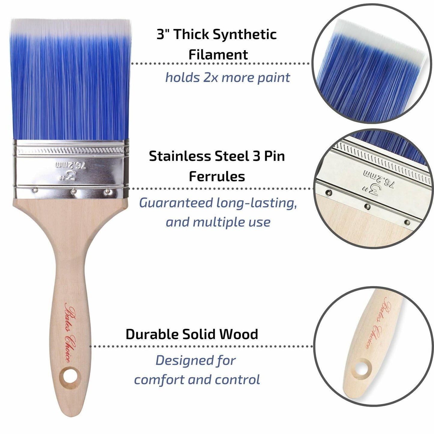 Bates Wood Handle Paint Brushes Set 3" & 2.5" 2 Pack Professional Trim