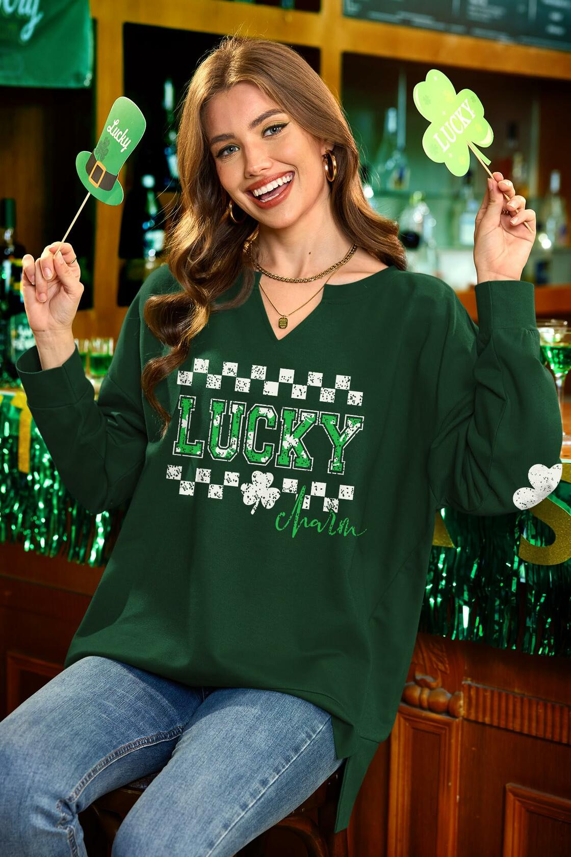 For G and PL Women St Patricks Split Neckline Sweatshirt Green Size L