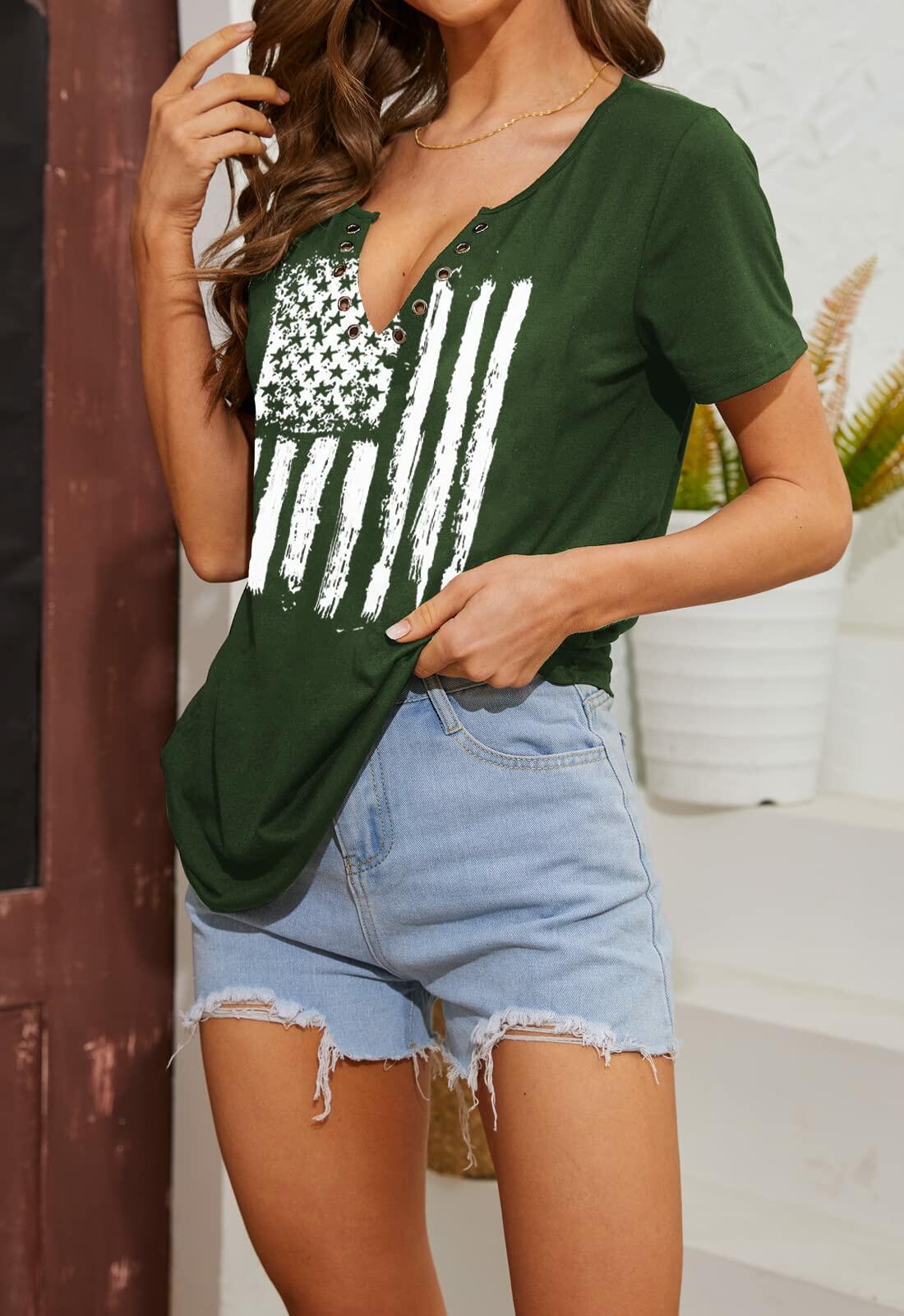 Womens Patriotic V Neck T Shirt American Flag Graphic Green1 Size Medium
