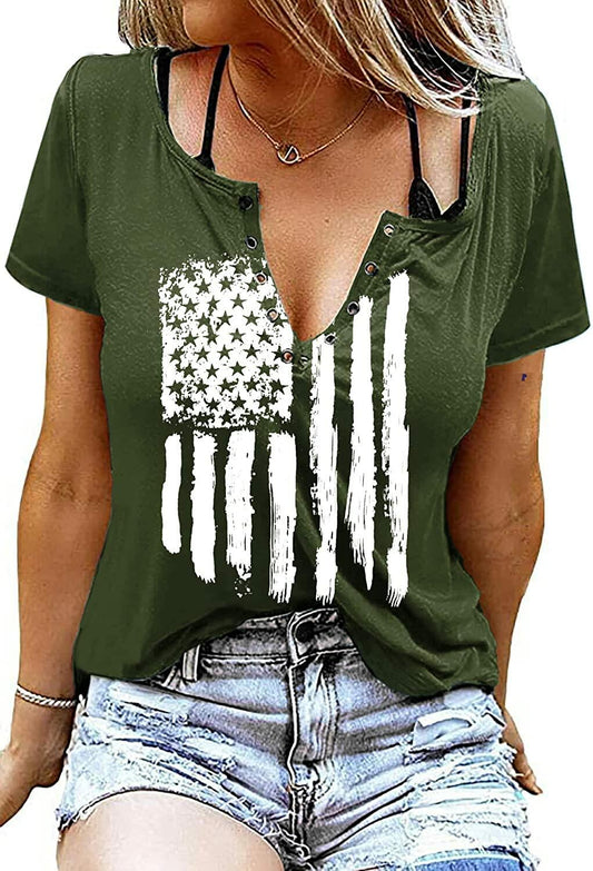 Womens Patriotic V Neck T Shirt American Flag Graphic Green1 Size Medium